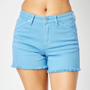 Judy Blue Garment Dyed Sky Blue Fray Denim Shorts Shield Pockets